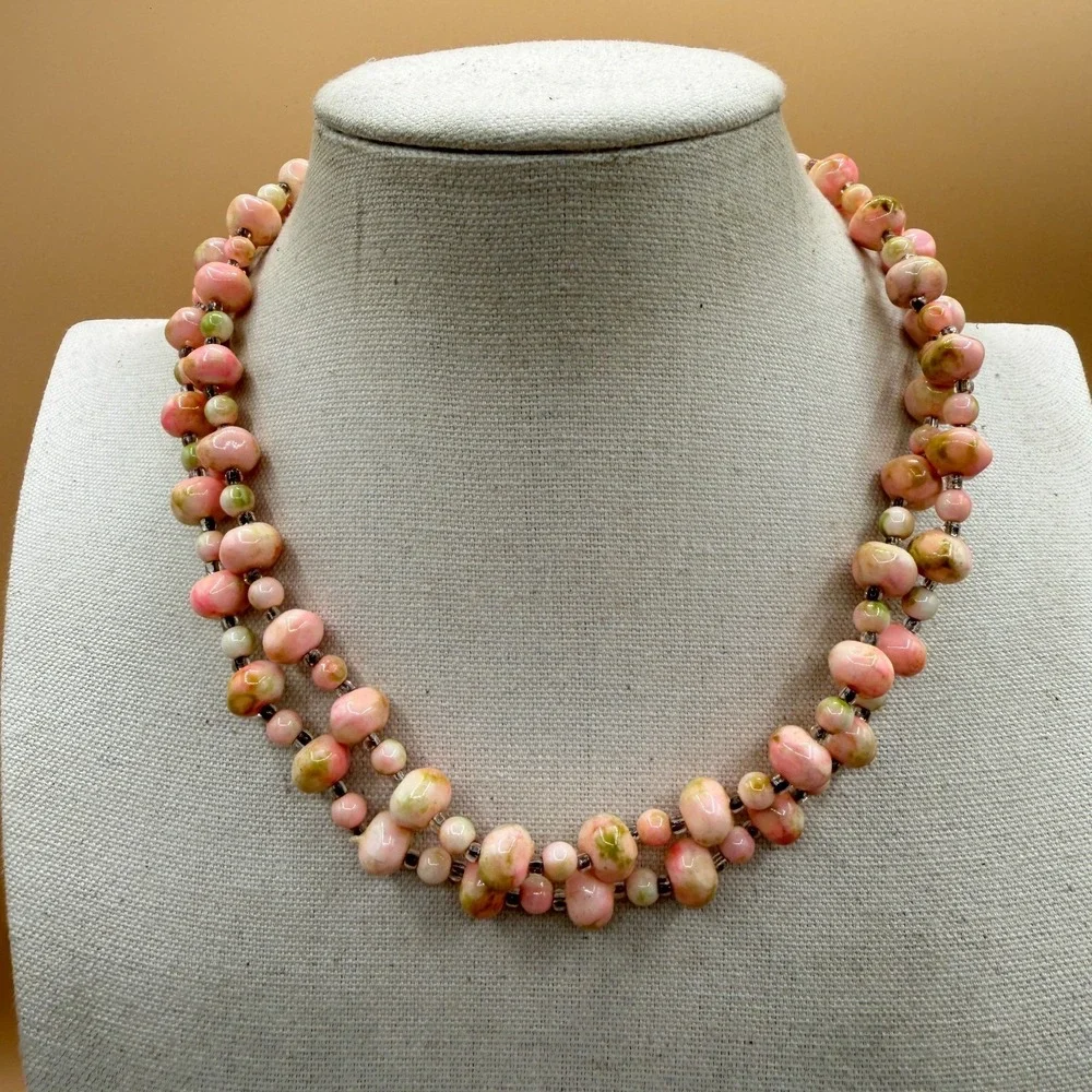 Pink Green Ceramic Bead Double Strand Necklace Cottagecore Boho Statement Gift